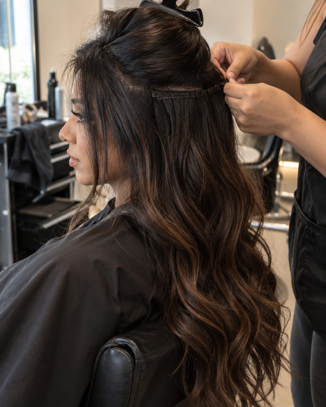 Clip-in wefts being placed at the back of the head