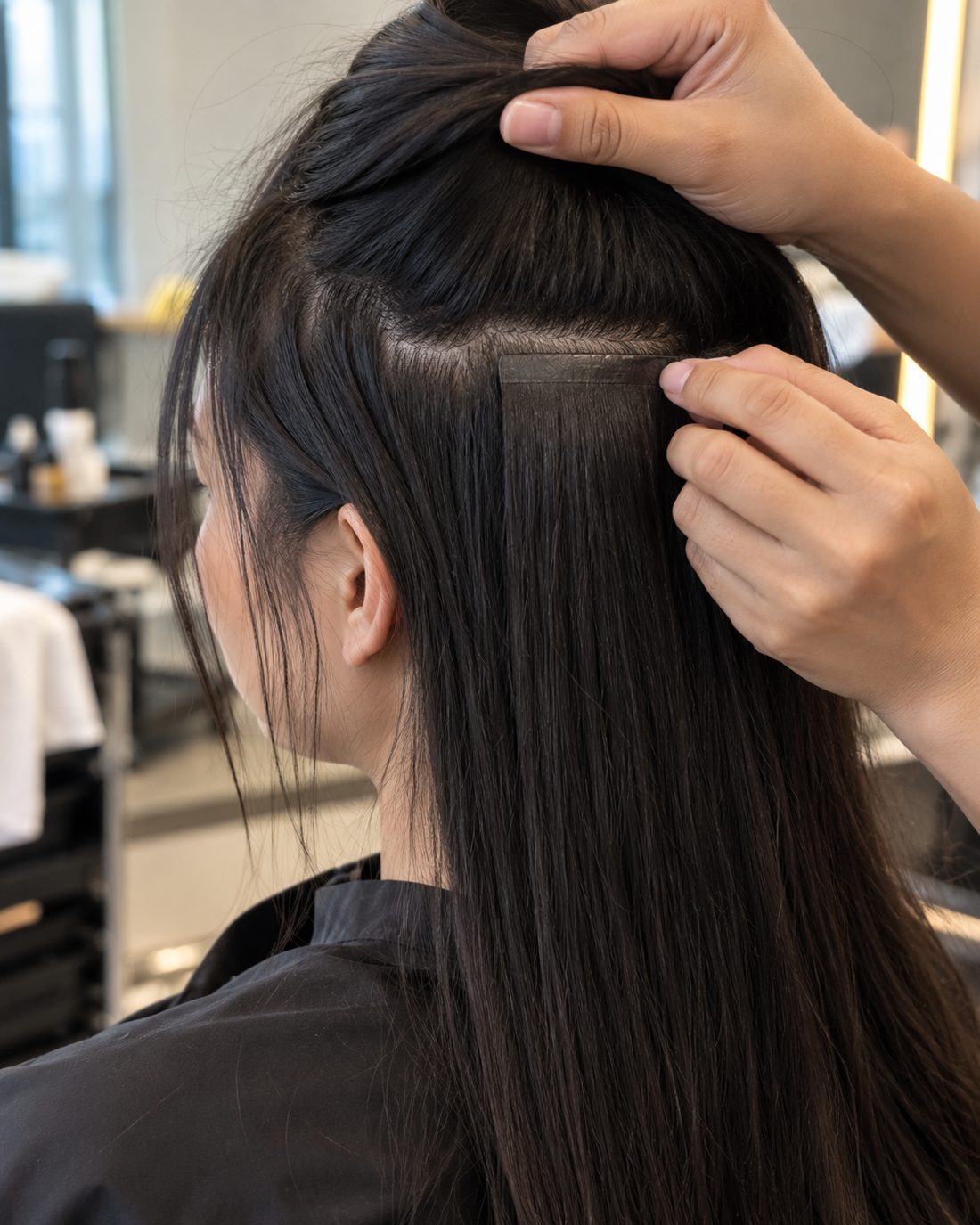 A tape-in bond lying flat at the root of fine hair